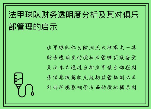 法甲球队财务透明度分析及其对俱乐部管理的启示